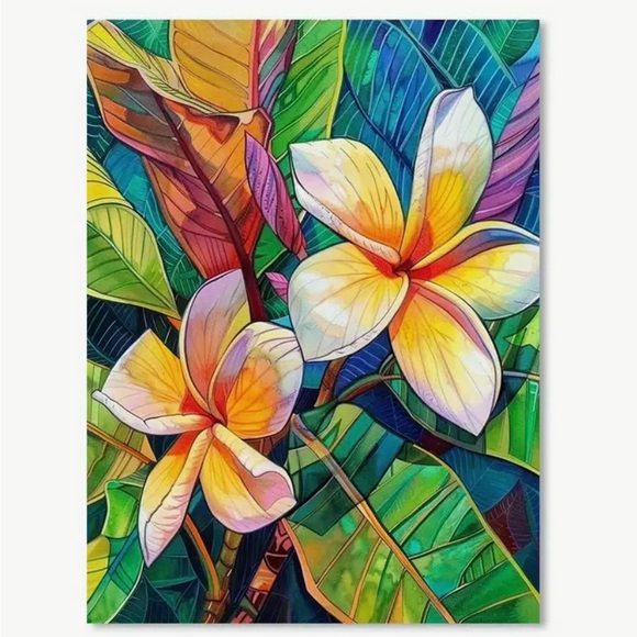 Art Canvas Painting: Vibrant Plumeria Flowers 12" x 16". Unframed - Picture 1 of 2